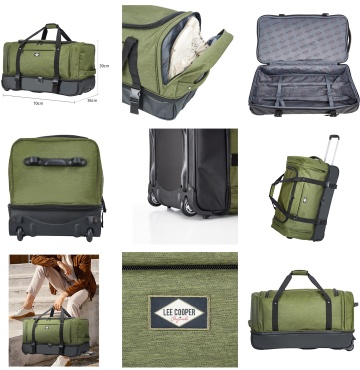 Geanta de voiaj cu role Lee Cooper, 2 compartimente, poliester 600D/bumbac, 98L, 70 cm, kaki - Img 9