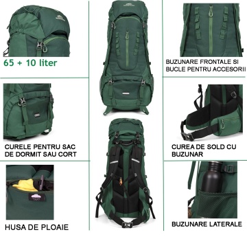 Rucsac de munte Dutch Mountains, 65 + 10 L, 602142, poliester, verde - Img 2