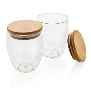 Sticlă borosilicată cu perete dublu cu capac din bambus 250ml Set 2buc