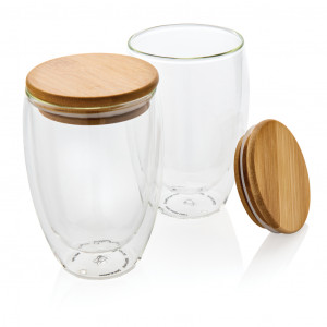 Sticlă borosilicată cu perete dublu cu capac din bambus 350ml Set 2buc