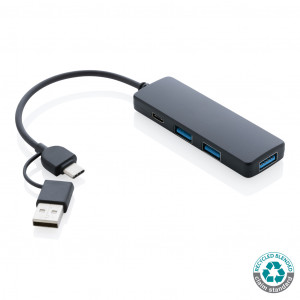 Hub USB RCS din plastic reciclat cu intrare dublă