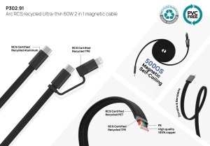 Cablu magnetic 2-în-1 Arc RCS ultra-subțire din material reciclat, 60W - Img 6