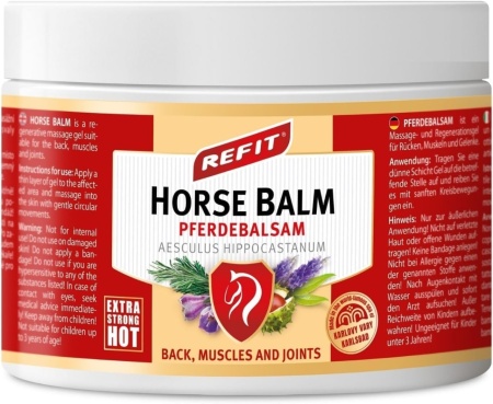 Refit Horse Balm Extra Strong HOT XXL 500 ml - Силно затоплящ с планинска арника, болкоуспокояващ гел, арника, ефективен болкоуспокояващ гел, незабавен и дълготраен ефект, за гръб, мускули