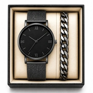 Set ceas bărbați inox negru + brățară