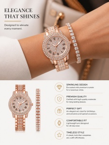 Set Ceas Damă Elegant cu Brățară Cristale