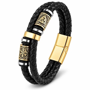 Brățară Piele Bărbați cu Inox IP Gold
