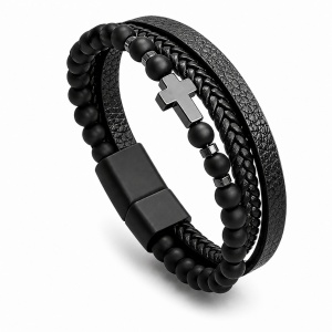 Brățară din piele și mărgele negre