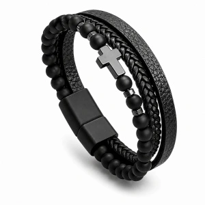 Brățară din piele și mărgele negre