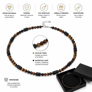 Colier Bărbați Tiger Eye & Lava Rock N12