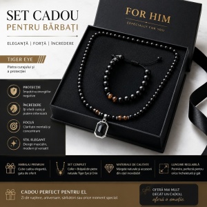 Set Bijuterii Bărbați – Colier + Brățări cu Mărgele Negre N01