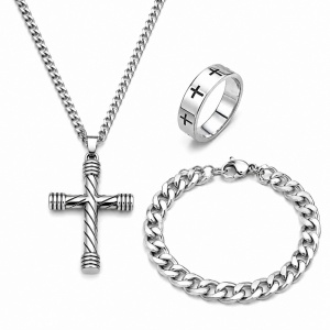 Set Cadou Bărbați Inox Premium – Colier Cruce, Brățară și Inel