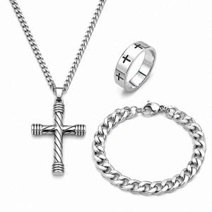 Set Cadou Bărbați Inox Premium – Colier Cruce, Brățară și Inel