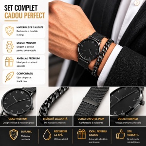Set ceas bărbați inox negru + brățară