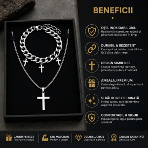 Set Bijuterii Bărbați Inox – Colier Dublu cu Cruce și Brățară - Img 3