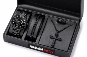 Set Cadou Bărbați 4 Piese – Ceas + Brățară + Lanț + Inel – Accesorii Negre Premium