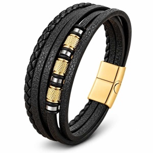 Brățară Bărbați din Piele Naturală cu Placare IP Gold