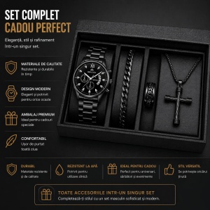 Set Cadou Premium Bărbați cu Ceas, Brățară și Colier Inox Negru