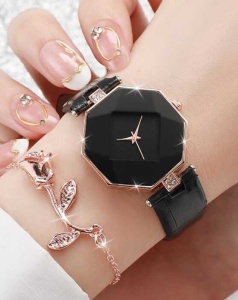 Set feminin elegant cu ceas negru și brățară