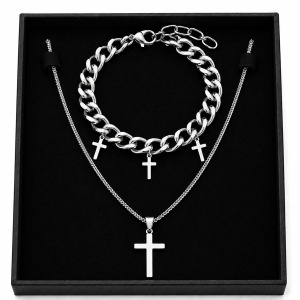 Set Bijuterii Bărbați Inox – Colier Dublu cu Cruce și Brățară