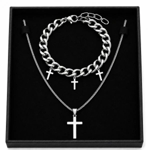 Set Bijuterii Bărbați Inox – Colier Dublu cu Cruce și Brățară