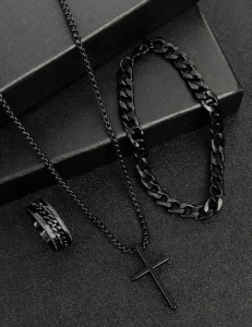 Set Cadou Bărbați 4 Piese – Ceas + Brățară + Lanț + Inel – Accesorii Negre Premium - Img 3