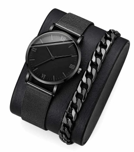 Set ceas bărbați inox negru + brățară