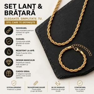Set bijuterii cu Lanț și Brățară Aurie Bărbați
