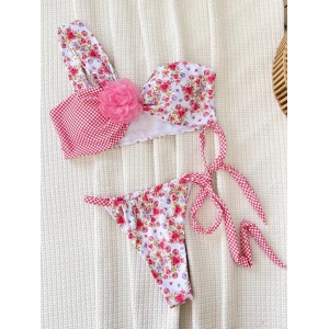 🔥Oferta zilei🔥Costum de baie 2 piese pe un umar, imprimeu floral si trandafir decorativ, roz/alb #ZZ2003 - Img 2