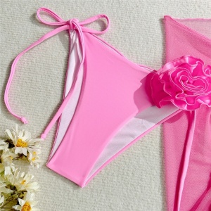🔥Oferta zilei🔥Costum de baie 3 piese cu fusta scurta, sutien fara bretele si trandafiri decorativi, roz #ZZ2105 - Img 6