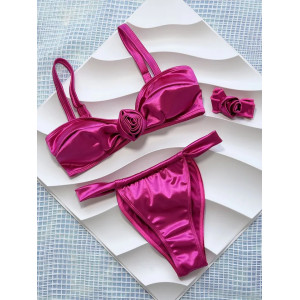 🔥Oferta zilei🔥Costum de baie 3 piese satinat, sutien si choker cu trandafiri decorativi, roz fucsia #ZZ2001 - Img 6
