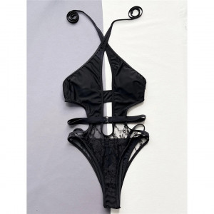 🔥Oferta zilei🔥Costum de baie intreg cu insertii de dantela, decolteu adanc si spatele gol, negru #ZZ1003 - Img 12