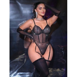 🔥Oferta zilei🔥Set lenjerie intima sexy cu ciorapi si manusi, negru, 3 piese#ZZ4514 - Img 5