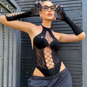 🔥Oferta zilei🔥Set lenjerie intima sexy elastica cu body si manusi, negru, 2 piese #ZZ4509 - Img 3