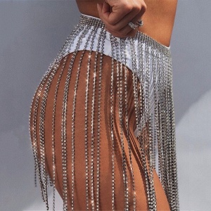 Accesoriu body chain sexy cu cristale pentru talie tip fusta, reglabil, argintiu #ZZ1069 - Img 3