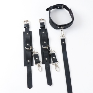Accesoriu sexy tip ham din piele ecologica pentru gat si maini cu catuse, negru #ZZ4615 - Img 3