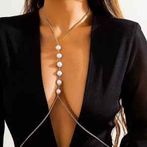 Body chain pentru decolteu cu perle albe decorative, argintiu #ZZ4059 - Img 2