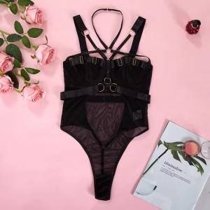 Body sexy tanga cu bretele decorative si catarame aurii, negru, #ZZ4977 - Img 10