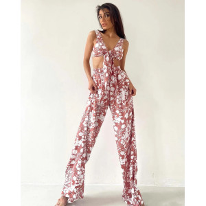 Compleu cu bluza, bustiera si pantaloni lungi, motive florale, roz/alb, 3 piese #ZZ6007 - Img 2