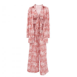 Compleu cu bluza, bustiera si pantaloni lungi, motive florale, roz/alb, 3 piese #ZZ6007 - Img 11