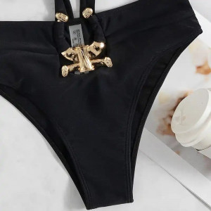 Costum de baie 2 piese cu accesorii metalice aurii, negru #ZZ2045 - Img 5