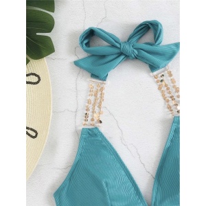 Costum de baie 2 piese cu accesorii metalice decorative, turcoaz #ZZ2726 - Img 6