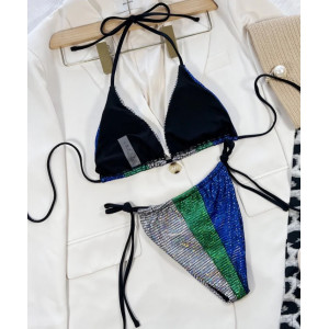 Costum de baie 2 piese cu aspect metalizat si slip reglabil, argintiu/ verde #ZZ2071 - Img 4