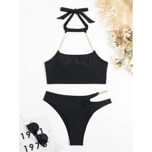 Costum de baie 2 piese cu bustiera si lant metalic auriu, negru #ZZ2017 - Img 4