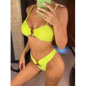 Costum de baie 2 piese cu catarame metalice decorative, verde neon #ZZ2923 - Img 3
