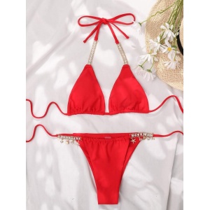 Costum de baie 2 piese cu cristale decorative, rosu #ZZ2715 - Img 2
