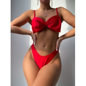 Costum de baie 2 piese cu funda mare la sutien, rosu #ZZ2721