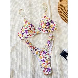 Costum de baie 2 piese cu imprimeu floral si slip ridicat pe solduri, alb #ZZ2026 - Img 7