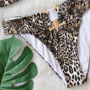 Costum de baie 2 piese cu imprimeu leopard si catarame metalice decorative, maro #ZZ2808 - Img 12