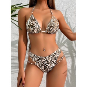 Costum de baie 2 piese cu imprimeu leopard și perle decorative, maro/bej #ZZ2129