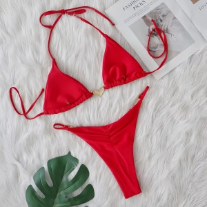 Costum de baie 2 piese cu inimioare metalice și cristale decorative, roșu #ZZ2065 - Img 3